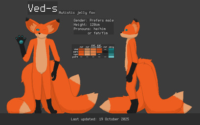 anthro male multi_tail solo tail text ved_s ved_s_(fox) canid canine fox mammal english_text model_sheet tagme