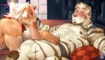 abs anthro barazoku biceps blush bodily_fluids brown_body brown_fur countershading cum detailed_background duo fur genital_fluids genitals hair horn humanoid_genitalia humanoid_penis male male/male muscular muscular_male nipples pecs penis striped_body striped_fur stripes white_body white_fur white_hair mumu202 arknights hypergryph studio_montagne hung_(arknights) mountain_(arknights) canid canine canis domestic_dog felid mammal pantherine tiger 16:9 2021 widescreen