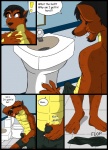 abs anthro bathroom biceps black_hair blue_eyes bulge canid canine claws clothed clothing comic croc_(crocdragon89) crocdragon89 dialogue digital_media_(artwork) english_text erection erection_under_clothing exclamation_point genitals hair in_heat jason_takayama male mammal muscular muscular_anthro muscular_male penetration penis solo speech_bubble tattoo text toilet topless