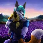 belt clothed clothing cloud detailed_background duo ear_piercing ear_ring eyewear fence flower glasses hair hug meadow mountain nature outside piercing plant ring_piercing rooftop smile summer sunset cittyy arctic_fox canid canine fox mammal true_fox 1:1 2018 absurd_res detailed hi_res