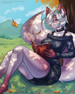 anthro book bottomwear clothed clothing collar crop_top detailed_background female fur plant reading shirt shorts sky solo sweater tail topwear tree sharly canid canine fox mammal hi_res