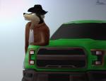 anthro clothed clothing cowboy_hat hat headgear headwear light_truck looking_away male pickup_truck ranger simple_background solo truck vehicle white_background yellow_eyes gangstaguru ford canid canine canis domestic_dog german_shepherd herding_dog mammal pastoral_dog wolf