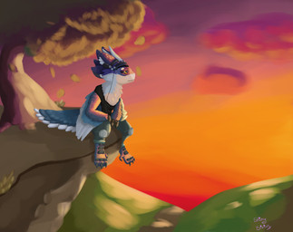 4_ears anthro biped blue_body blue_feathers claws clothed clothing electronics falling_leaves feathered_wings feathers headphones listening_to_music looking_away male multi_ear sad sitting solo sunset tail tail_feathers toe_claws white_body white_feathers winged_arms wings shiny_sirius rogue_emberwing avali avian absurd_res digital_media_(artwork) hi_res