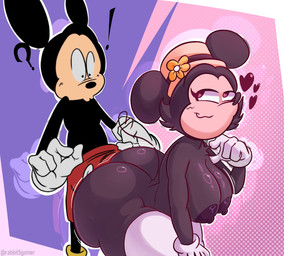 anthro big_breasts big_butt black_body bottomwear breasts butt clothing duo female hat headgear headwear heart_symbol huge_butt male male/female nipples pants surprised rabbit5gamer disney friday_night_funkin' magret_mouse mickey_mouse mammal mouse murid murine rodent hi_res