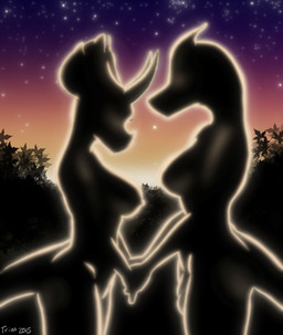 anthro barely_visible_nipples breasts bulge duo female gynomorph gynomorph/female intersex intersex/female nipples non-mammal_breasts non-mammal_nipples nude outline sunset trias dinosaurs_inc. glenda_(trias) robin_savage allosaurid allosaurus ceratopsian dinosaur ornithischian prehistoric_species reptile scalie theropod triceratops 2015 digital_media_(artwork)
