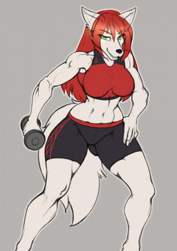 anthro bra breasts clothing exercise eyebrow_through_hair eyebrows female hair hand_on_hip long_hair looking_at_viewer muscular muscular_anthro muscular_female navel red_hair solo sports_bra translucent translucent_hair underwear weightlifting white_body workout gothgoblin valerie_kendall canid canine canis mammal wolf hi_res