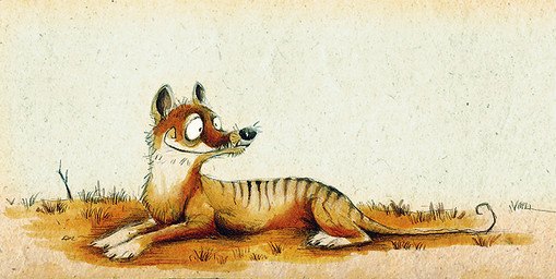 black_nose brown_body brown_fur claws feral fur looking_back lying male nude on_front quadruped side_view smile solo stripes tail tan_body tan_fur teeth toony underbite whiskers white_body white_fur skia dasyuromorph mammal marsupial recently_extinct_species thylacine
