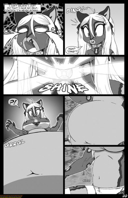 anthro belly big_breasts bodily_fluids bottomwear breasts choker clothing crying deep_navel dialogue_box female glowing hair jewelry leggings legwear magic navel necklace open_mouth shorts solo speech_bubble tears text topwear weight_loss viroveteruscy if_hell_had_a_taste caitlin_kelly domestic_cat felid feline felis mammal 2026 absurd_res comic digital_media_(artwork) english_text hi_res monochrome
