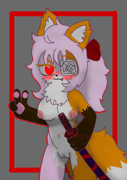 1_eye 3_fingers accessory anthro areola blush blush_lines bow_ribbon breasts eye_patch eyewear female fingers fur genitals hair hair_accessory hair_bow hair_ribbon katana looking_at_viewer melee_weapon multicolored_body multicolored_fur navel nipples orange_body orange_fur paws pink_body pink_fur pink_hair red_eyes ribbons smile solo sword tail teeth vulva weapon white_body white_fur sammyss canid canine felid feline fox mammal