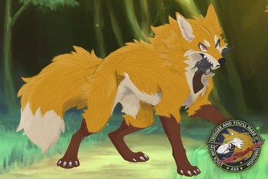 brown_paws feral forest_background fur gun gun_in_mouth male object_in_mouth quadruped ranged_weapon solo weapon weapon_in_mouth yellow_body yellow_fur shattersound ace_combat_7 bandai_namco trigger_(ace_combat_7) canid canine canis mammal wolf better_version_at_source