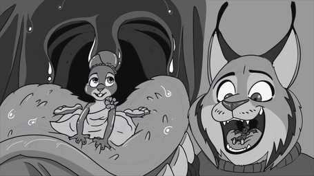 anthro bodily_fluids cat_tongue clothing dress extreme_size_difference female imminent_vore macro_male macro_pred male micro_female micro_prey mouth_shot open_mouth paws pointy_ears resting_on_tongue saliva sharp_teeth size_difference sweater teeth topwear uvula vore feedfancier disney zootopia judy_hopps pawbert_lynxley canada_lynx european_rabbit felid feline lagomorph leporid lynx mammal oryctolagus rabbit 16:9 black_and_white hi_res monochrome widescreen