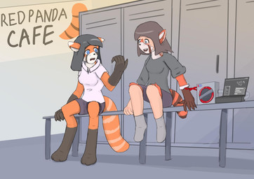 anthro black_body black_fur blood blood_transfusion blush bodily_fluids cafe clothed clothing computer digitigrade duo electronics female fur fur_growth growth inside laptop locker locker_bench locker_room mid_transformation orange_body orange_fur secretly_loves_it sign snout snout_growth tail tail_growth tan_body tan_fur text themed_building transformation translucent makc_manynumbrz ailurid human mammal red_panda english_text hi_res