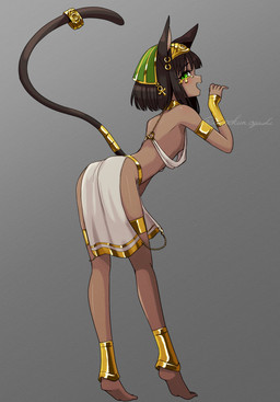 ankh bottomwear breasts brown_hair cat_tail choker clothing egyptian egyptian_clothing egyptian_headdress feet female gold_(metal) gold_choker gold_jewelry gold_necklace green_eyes hair jewelry leaning leaning_forward loincloth looking_at_viewer looking_back looking_back_at_viewer mostly_nude necklace side_boob solo wraps wrist_wraps toipokun_oyashi egyptian_mythology middle_eastern_mythology mythology animal_humanoid felid felid_humanoid humanoid mammal mammal_humanoid hi_res