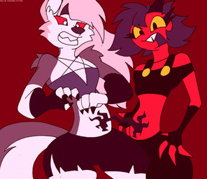 ambiguous_gender anthro black_hair bottomwear clothing duo female feral fingerless_gloves fur gloves grey_body grey_fur grey_hair hair handwear horn navel navel_insertion open_mouth pants red_body red_sclera shorts teeth topwear white_body white_eyes white_fur wide_hips yellow_eyes virus-20 hellaverse helluva_boss mythology loona_(helluva_boss) millie_(helluva_boss) alien canid canid_demon canine demon hellhound humanoid imp mammal mythological_canine mythological_creature 2023 digital_media_(artwork) hi_res