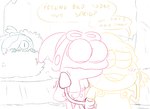 anthro being_watched blush dialogue duo eyes_closed female looking_at_another male motion_lines open_mouth plant shrub speech_bubble text tongue young adullperson amphibia_(series) disney ivy_sundew maddie_flour sprig_plantar amphibian frog stroking_(disambiguation) 2021 english_text sketch