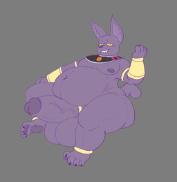 anklet anthro areola armlet balls belly big_balls big_belly big_penis erection fur genitals gold_(metal) gold_jewelry grey_background huge_balls huge_penis jewelry male nipples nude obese obese_male overweight overweight_male penis purple_body purple_fur simple_background solo vein veiny_penis ventral_groove yellow_sclera avenuearcania dragon_ball dragon_ball_super champa domestic_cat felid feline felis mammal hi_res