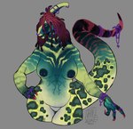 anthro armwear bracelet brown_eyes clothing crest_piercing dreadlocks facial_piercing female furgonomics furry-specific_piercing green_body green_scales hair head_crest jewelry looking_at_viewer nipple_piercing nipples nose_piercing open_mouth piercing ring scales solo cryptid_jhin dinosaur hadrosaurid ornithischian ornithopod parasaurolophus prehistoric_species reptile scalie absurd_res hi_res portrait three-quarter_portrait