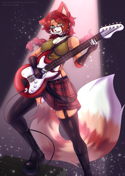 anthro boots bottomwear braided_hair clothing electric_guitar eyewear female footwear glasses guitar hair legwear musical_instrument piercing plucked_string_instrument shoes skirt solo stockings string_instrument sharly ailurid mammal red_panda absurd_res hi_res