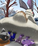 anthro big_butt butt butt_crush cross-popping_vein group hand_on_butt looking_at_another low-angle_view lying on_back one_eye_closed open_mouth pinned pinned_to_ground rear_view scut_tail sharp_teeth short_tail size_difference snow tail teeth trio optixpanda capcom monster_hunter felid feline felyne lagombi lynian mammal palico primatius 2025 digital_drawing_(artwork) digital_media_(artwork) hi_res signature