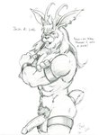 abs anthro antlers balls beard biceps cigar cigar_in_mouth ear_piercing facial_hair genitals hair horn long_hair male navel object_in_mouth penis piercing pubes solo text borni hybrid jackalope lagomorph mammal 2002 english_text