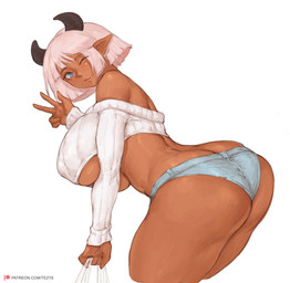 bent_over big_breasts blue_eyes bob_cut bottomwear breasts butt clothed clothing crop_top cropped_sweater female gesture hair hand_gesture horn hotpants one_eye_closed pink_hair shirt shorts skimpy solo tan_body tan_skin text topwear under_boob v_sign wink tezy8 animal_humanoid bovid bovid_humanoid bovine bovine_humanoid cattle_humanoid humanoid mammal mammal_humanoid hi_res url