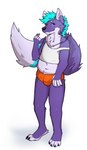 anthro barefoot belly black_nose blue_eyes blue_hair bottomwear bulge clothing crop_top deep_navel feet fur hair hotpants looking_at_viewer male midriff minishorts navel orange_bottomwear orange_clothing orange_shorts purple_body purple_fur shirt shorts simple_background slightly_chubby slightly_chubby_male solo standing tail tank_top topwear beanii mox_(antillion123) canid canine fox mammal 2023 absurd_res digital_media_(artwork) hi_res