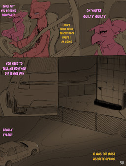 anthro car clothed clothing comic_panel dialogue driving duo fence pink_text seat_belt text vehicle yellow_text conditional_dnp dacad rebecca_(dacad) tyler_(dacad) avian domestic_ferret mammal mustelid musteline true_musteline weasel comic english_text hi_res restricted_palette