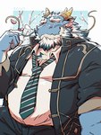 anthro beard belly blue_body body_hair cherry_blossom cherry_blossom_tree cherry_tree chest_hair eyebrows facial_hair flower fruit_tree horn male mature_male musclegut muscular necktie plant prunus_(flower) solo thick_eyebrows tree bearwivme lifewonders mythology tokyo_afterschool_summoners qinglong_(tas) dragon mythological_creature mythological_scalie scalie 2024 hi_res