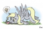 baked_goods blonde_hair cutie_mark feathered_wings feathers female feral flower food fur grass grey_body grey_feathers grey_fur hair muffin plant solo tongue tongue_out wings yellow_eyes hotbrotkuroi friendship_is_magic hasbro my_little_pony mythology derpy_hooves_(mlp) equid equine mammal mythological_creature mythological_equine pegasus 2011