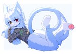 4_toes ahoge anthro bangs barefoot blue_body blue_fur blue_hair blush bottomless bottomless_anthro bottomless_female butt camo camo_clothing camo_print claws clothed clothing feet female female_anthro flat_chested forked_tail fur hair heterochromia inner_ear_fluff jacket kemono long_hair looking_at_viewer looking_back looking_back_at_viewer lying on_front pattern_clothing pawpads paws plant pockets rear_view red_eyes solo tail toe_claws toes topwear tuft unusual_anatomy unusual_tail whiskers white_body white_fur white_hair yellow_eyes devil-vox japan_air_self-defense_force omaneko_(jasdf) domestic_cat felid feline felis mammal 2023 absurd_res digital_media_(artwork) hi_res male_(lore)