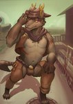 anthro belt bulge canid canine canis chaps clothed clothing cowboy cowboy_hat cowboy_outfit exposed_chest hat headgear headwear hi_res high-angle_view horn male mammal purple_eyes sheriff_badge shiftshido smile solo torso_shot wolf