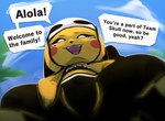 black_sclera clothed clothing eyelashes female feral low-angle_view open_mouth sky smile solo speech_bubble tail text yellow_body tofuuu nintendo pokemon alkaline_(tofuuu) fan_character generation_1_pokemon pikachu pokemon_(species)