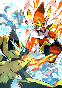 abstract_background ambiguous_anthro ambiguous_gender anthro big_ears blue_eyes bone_rush bright cheek_tuft digitigrade duo_focus electricity energy eye_contact facial_tuft featureless_crotch fire frown group holding_bone kick looking_at_another membrane_(anatomy) neck_tuft nude open_mouth plantigrade pokemon_battle pokemon_move pseudo_clothing pseudo_scarf red_eyes roaring tongue_scarf tuft water webbed_hands makotoo nintendo pokemon pokemon_unite amphibian canid canine cinderace felid feline generation_4_pokemon generation_6_pokemon generation_7_pokemon generation_8_pokemon greninja lagomorph legendary_pokemon lucario mammal pokemon_(species) zeraora 2021 hi_res