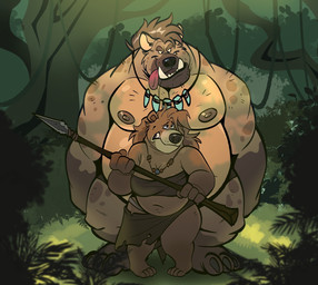 anthro bandeau belly big_muscles big_pecs bottomwear breasts clothed clothed_female clothing detailed_background duo female forest front_view hair holding_melee_weapon holding_object holding_polearm holding_spear holding_weapon hunter jewelry knock-kneed larger_male loincloth looking_down looking_down_at_another looming_over male male/female markings melee_weapon mole_(marking) musclegut muscular necklace nervous outside overweight overweight_female overweight_male pecs plant polearm rainforest size_difference skirt smaller_female spear stocky tongue tongue_out topless topless_male topwear tree tusks weapon dead_stray_bear b_(dead_stray_bear) pafka bear gnoll hyena mammal 2025 hi_res story story_in_description