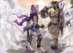 anthro clothed clothing duo facial_piercing female knife looking_at_viewer male nose_piercing outside piercing standing grungecandy hyena mammal spotted_hyena