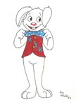 2010 3_toes anthro barefoot bottomless bow_tie buckteeth clothed clothing ears_down feet fur initials lagomorph leporid male mammal open_mouth pantsless paws pivoted_ears plantigrade rabbit rapid_t._rabbit rapid_t._rabbit_and_friends signature simple_background slaphappybunny smile solo standing teeth toes white_background white_body white_fur