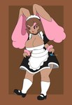 anthro big_breasts breasts brown_body brown_fur brown_hair clothing female floppy_ears fur hair legwear maid_apron maid_hat maid_uniform pink_nose smile smiling_at_viewer solo stockings uniform raya-chan nintendo pokemon bonnie_(dirkstridoritos) generation_4_pokemon lopunny pokemon_(species) shiny_pokemon hi_res