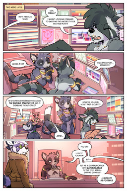 anthro armlet bangle big_hands blue_sclera border bracelet breasts casual_nudity chin_piercing chin_stud cigar city city_background claws clothing coat computer computer_console computer_screen desk dialogue digit_ring ear_piercing ear_ring electronics eyewear facial_piercing featureless_breasts featureless_crotch female fur-trimmed_coat furniture glasses gold_(metal) gold_jewelry gold_piercing green_eyewear green_glasses green_jewelry group jewelry jewelry_only lip_piercing long_tail male markings multiple_piercings necklace nose_piercing nose_ring nude office pawpads piercing ring ring_(marking) ring_piercing ringed_tail round_glasses smoking social_nudity speech_bubble striped_markings striped_tail stripes sunglasses table tail tail_markings text time_skip topwear trio vent visor white_border white_sclera window conditional_dnp qualzar rick_griffin hayven_celestia jetzi_(rick_griffin) nuko_(rick_griffin) olox_reagaix_(rick_griffin) zeangu_(rick_griffin) ringel 2:3 comic english_text hi_res