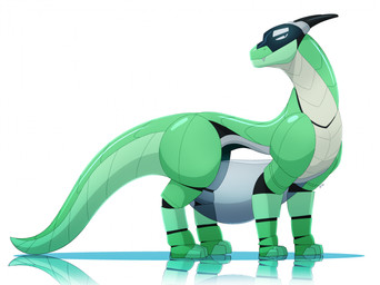 belly big_belly black_eyes black_horn duo feral feral_pred green_body green_legs green_tail horn machine male reflection simple_background tail white_background white_belly dolphinproject mythology dragon mythological_creature mythological_scalie robot scalie 2026 hi_res
