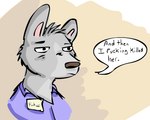 anthro brown_nose cheek_tuft clothed clothing facial_tuft fur grey_body grey_ears grey_fur head_tuft male mouth_closed narrowed_eyes profanity simple_eyes solo speech_bubble text tuft bucklebunny bust_portrait english_text low_res portrait