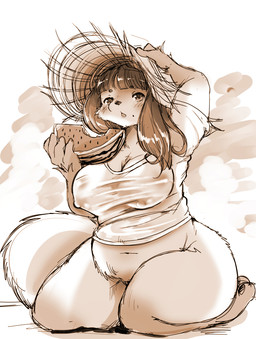 anthro big_breasts biped black_nose blush bottomless breasts cleavage clothed clothing eating female food fruit hair hat headgear headwear holding_food holding_object long_hair looking_at_viewer melon nipple_outline nipples plant shirt sitting slightly_chubby solo thick_thighs topwear watermelon watermelon_slice wet wet_clothing wet_shirt wet_topwear wide_hips setouchi_kurage oniku_(setouchi_kurage) canid canine fox mammal brown_and_white monochrome