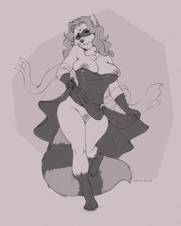anthro bashful blush clothed clothing dress female flashing fluffy fluffy_tail formal_wear genitals head_markings jewelry markings necklace nipples no_underwear pose pubes solo striped_markings striped_tail stripes tail tail_markings teasing vulva wardrobe_malfunction kaylii lilibet_adams_(candygurl) canid canine mammal raccoon_dog tanuki 2023 4:5 hi_res pinup