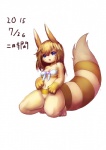 anthro anthrofied biped blue_eyes breasts clothing collarbone facial_markings feet female fluffy fluffy_tail hair handpaw head_markings hindpaw kneeling markings navel open_mouth paws pokemorph simple_background solo striped_markings striped_tail stripes tail tail_markings underwear white_background ni_jikan nintendo pokemon furret generation_2_pokemon mammal mustelid pokemon_(species) 2015