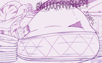 anthro belly big_belly bloated burp_cloud burping empty_plate horn huge_belly hyper hyper_belly male morbidly_obese morbidly_obese_male obese obese_male overweight overweight_male plate rumbling_stomach stuffing djermengandre djermengandre_(character) kaiju hi_res