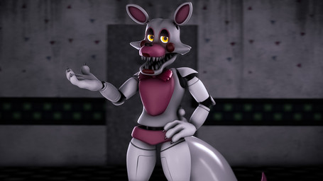 4_fingers anthro blurred_background bow_tie claws female fingers glowing glowing_eyes hand_on_hip inside looking_at_viewer machine open_mouth red_bow_tie sharp_teeth solo tail teeth white_body yellow_eyes trexgamerman five_nights_at_freddy's five_nights_at_freddy's_2 scottgames mangle_(fnaf) animatronic canid canine fox mammal robot robot_anthro 3d_(artwork) digital_media_(artwork) source_filmmaker_(artwork)