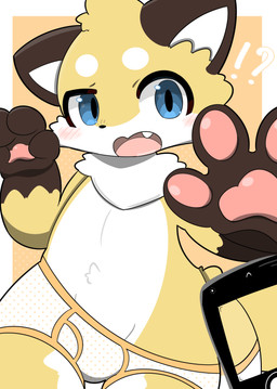4_fingers anthro black_nose blue_eyes blush blush_lines briefs briefs_only brown_markings clothed clothing cute_fangs electronics fangs fingers fur head_tuft kemono looking_at_viewer male markings open_mouth pawpads phone pink_pawpads solo teeth topless tuft underwear underwear_only white_body white_fur yellow_body yellow_fur young young_anthro young_male mujimuji1010 canid canine fox mammal absurd_res cel_shading colored digital_drawing_(artwork) digital_media_(artwork) hi_res shaded