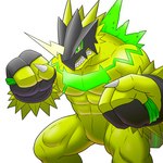 abs anthro armor clenched_teeth headgear helmet male muscular muscular_anthro muscular_male pecs solo teeth yellow_body ororwide11 bandai_namco digimon bulkmon digimon_(species) monster 1:1