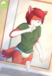 anthro bodily_fluids brush brushing brushing_teeth clothed clothing diaper female genital_fluids inside mirror mirror_reflection morning reflection solo tired unclean_diaper urine used_diaper wearing_diaper wet_diaper wetting luce_bontemps gwynessa_patienette canid canine fox mammal hi_res