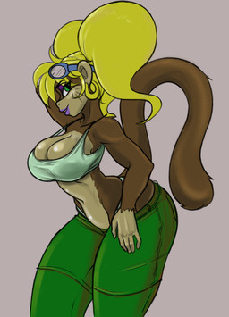 anthro big_breasts big_butt blonde_hair bottomwear breasts brown_body brown_fur butt cleavage clothed clothing crop_top ear_piercing eyeshadow eyewear female fur goggles green_eyes hair hand_on_hip lips long_hair makeup midriff pants piercing pigtails purple_lips shirt shorts simple_background solo streetwear topwear wide_hips y2k_(fashion) conditional_dnp daserfomalhaut mario_bros nintendo yoshi's_island ukiki haplorhine mammal monkey primate hi_res