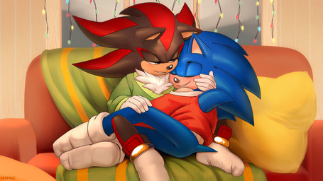 anthro anthro_on_anthro black_body blue_body blush butt clothed clothing duo eyes_closed footwear male male/male red_body red_eyes smile socks tan_body krazyelf sega sonic_the_hedgehog_(series) shadow_the_hedgehog sonic_the_hedgehog eulipotyphlan hedgehog mammal 2025 hi_res
